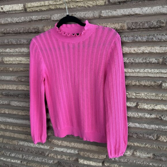 J. Crew Pointelle Ruffle Mock Neck Raspberry Pink Cotton Sweater Size Small - Picture 6 of 8